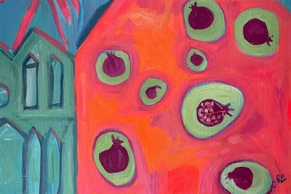 Photo of an acrylic painting on canvas by Australian artist Claire Phillips titled Pomegranate Farm