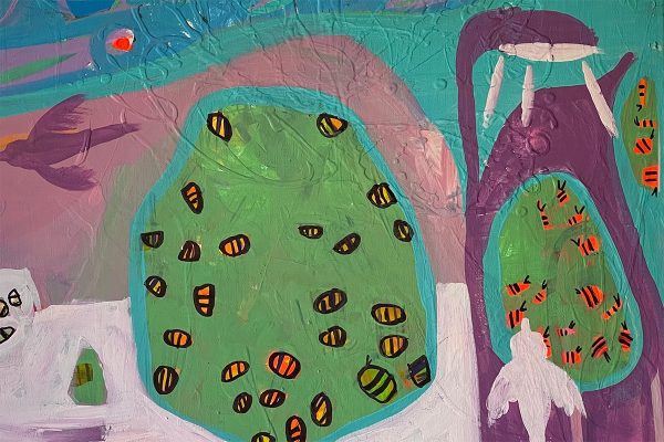 Photo of an acrylic painting on canvas by Australian artist Claire Phillips titled A Penguin in the shower and Bees in the trees