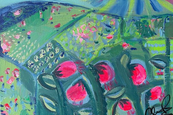 Photo of an acrylic painting on canvas by Australian artist Claire Phillips titled Green Fields
